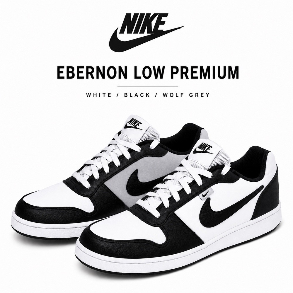 Nike Ebernon Low Premium White Black Wolf Grey Leather Sneakers Mens US 9 AQ1774